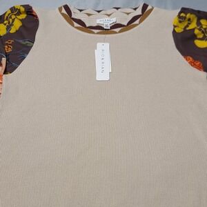 Rio & Rian Mixed Media Sweater Womens XL Beige Floral Balloon Sleeve Scallop New
